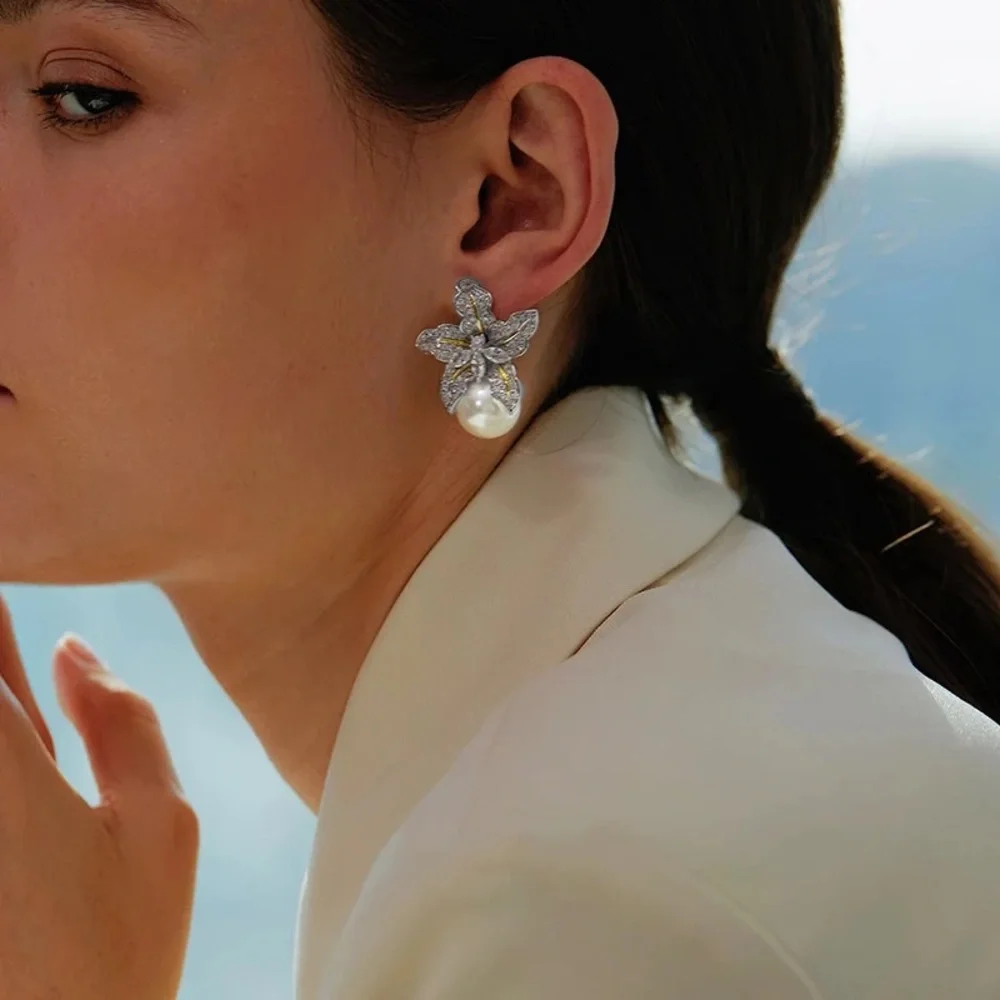 CZ Flower Cluster Pearl Earrings_4